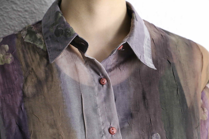 purple botanical pattern sheer shirt