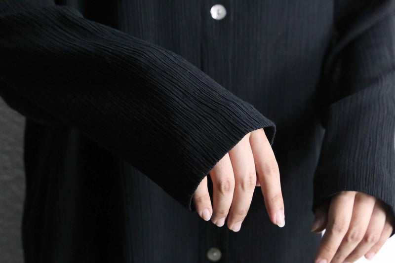 black crinkled texture fabric stand collar shirt