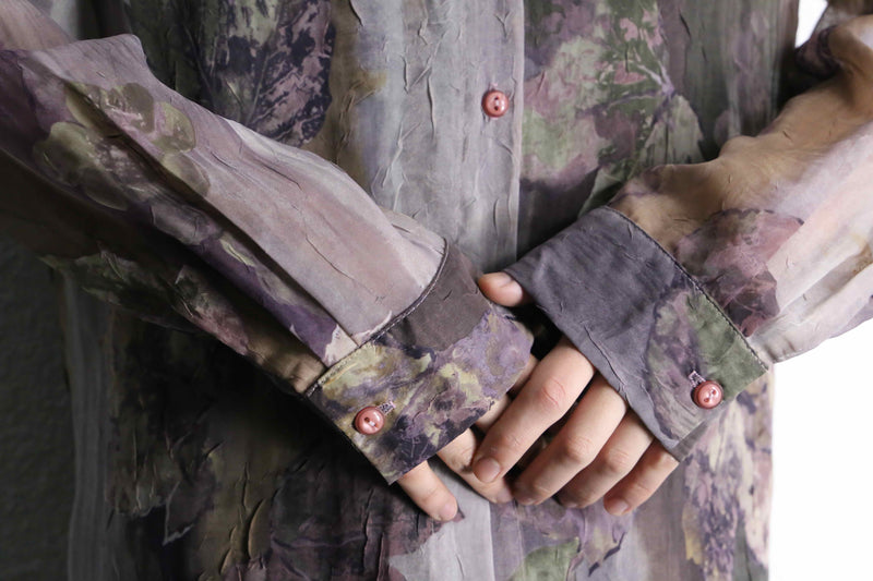 purple botanical pattern sheer shirt