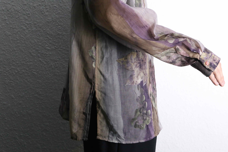 purple botanical pattern sheer shirt