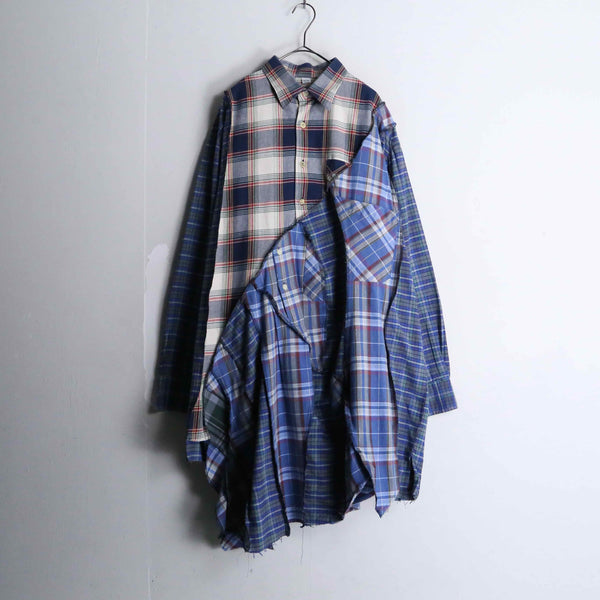 "Re:make" asymmetry patchwork blue check shirt pullover