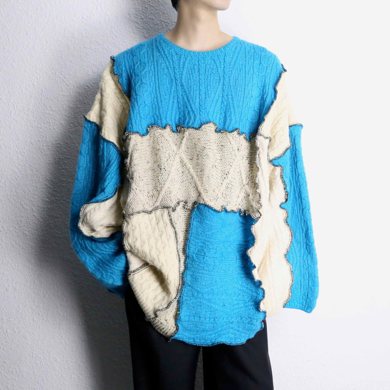 ''Re:make'' blue×ivory patchwork knit sweat