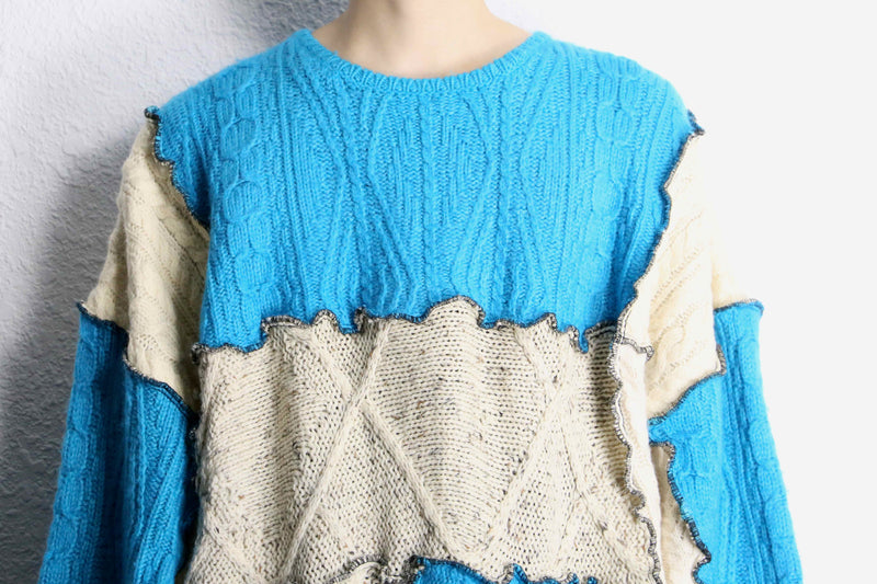 ''Re:make'' blue×ivory patchwork knit sweat