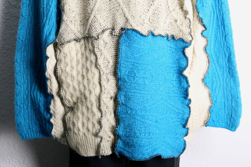 ''Re:make'' blue×ivory patchwork knit sweat