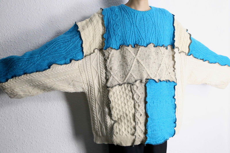 ''Re:make'' blue×ivory patchwork knit sweat
