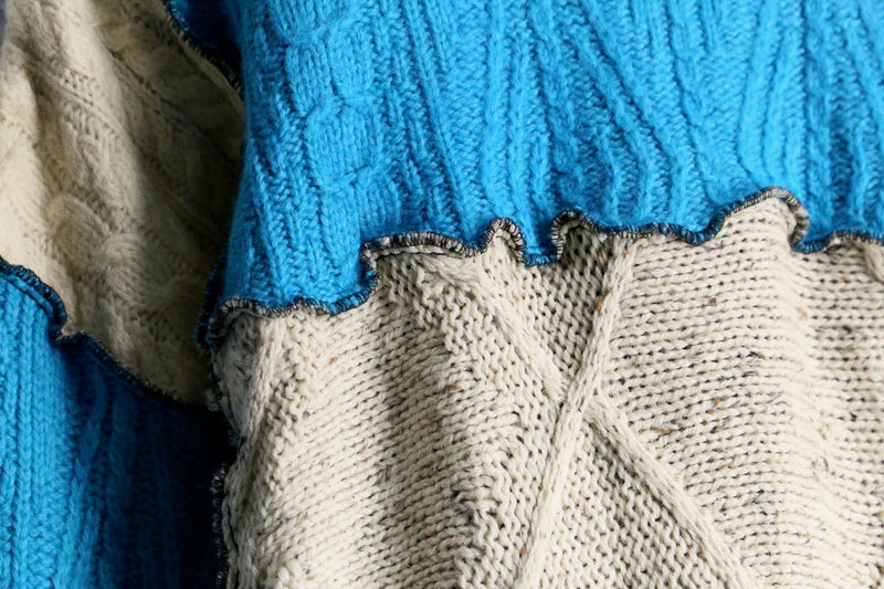 ''Re:make'' blue×ivory patchwork knit sweat