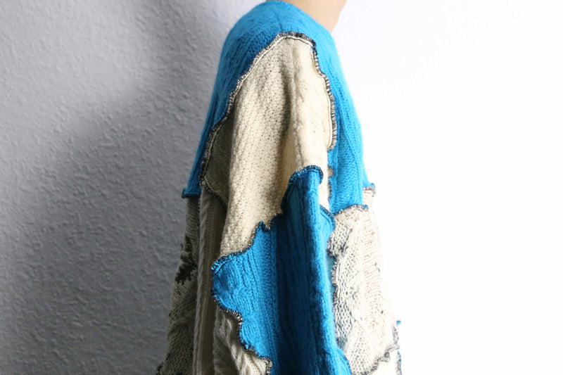 ''Re:make'' blue×ivory patchwork knit sweat
