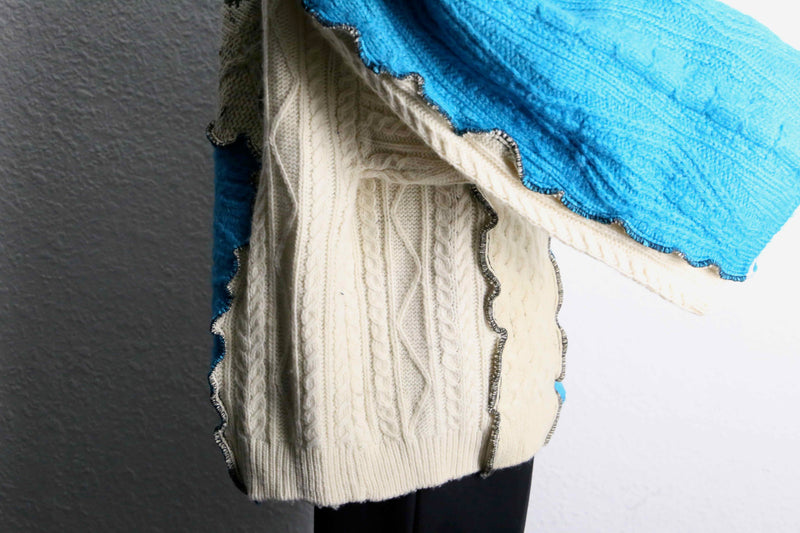 ''Re:make'' blue×ivory patchwork knit sweat