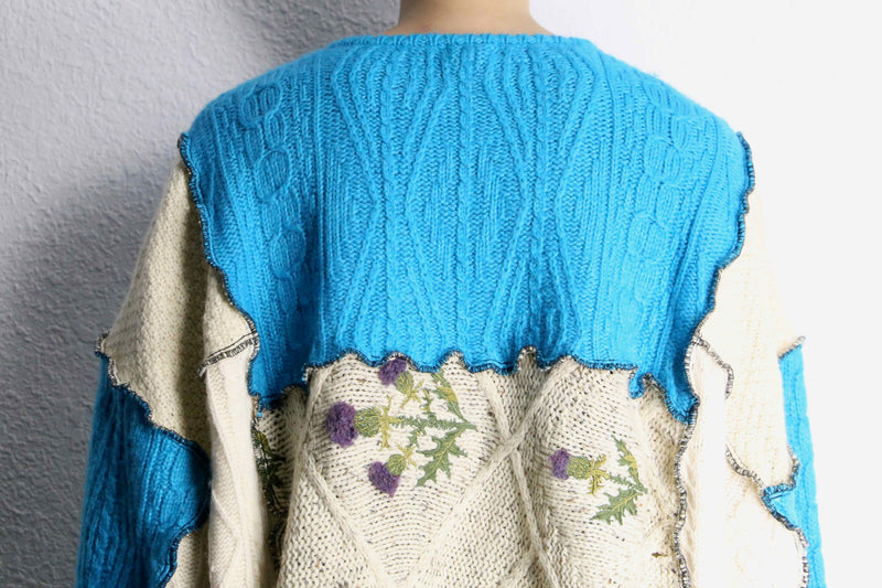''Re:make'' blue×ivory patchwork knit sweat