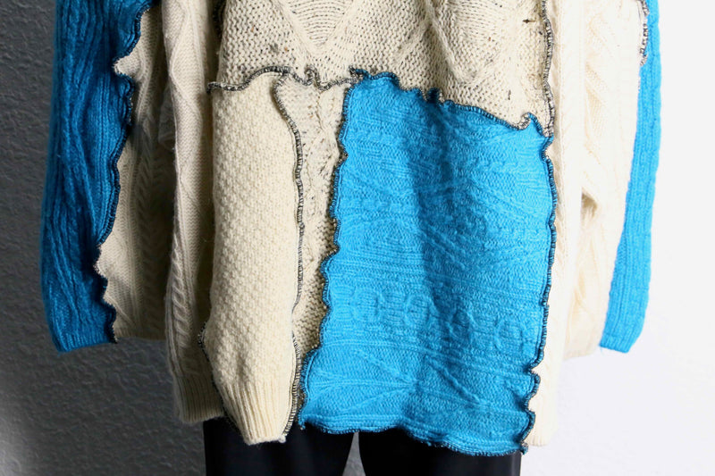 ''Re:make'' blue×ivory patchwork knit sweat