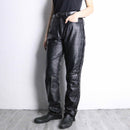 side lace up design black leather wide tapered pants