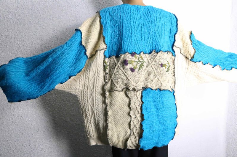 ''Re:make'' blue×ivory patchwork knit sweat