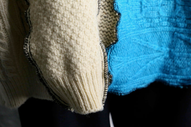 ''Re:make'' blue×ivory patchwork knit sweat