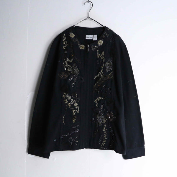 "CHICO'S" black color embroidery × spangle design denim jacket