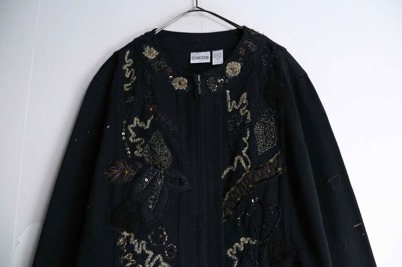 "CHICO'S" black color embroidery × spangle design denim jacket