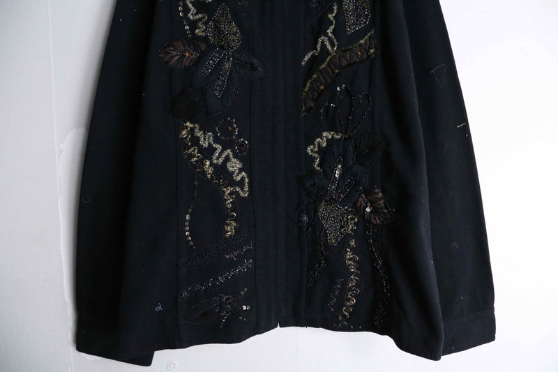 "CHICO'S" black color embroidery × spangle design denim jacket