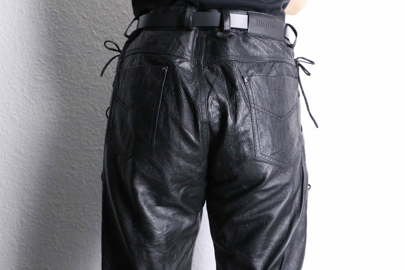 side lace up design black leather wide tapered pants