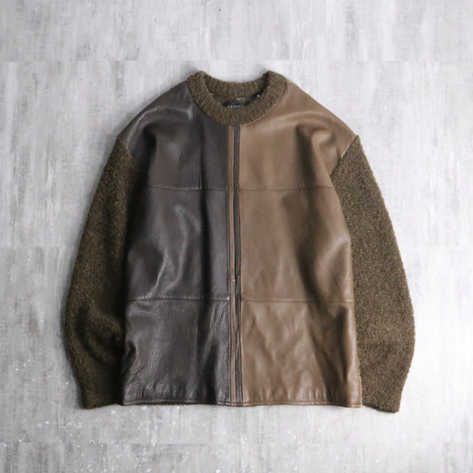 90s ”SAXONY COLLECTION” two tone leather × boucle wool switching jacket