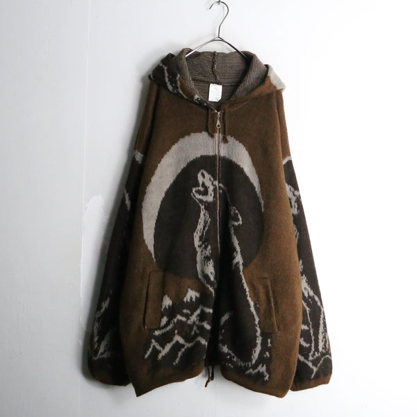 brown wolf design wool zip hoodie