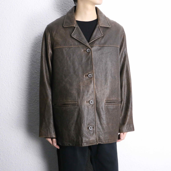 single breast dark brown leather middle jacket