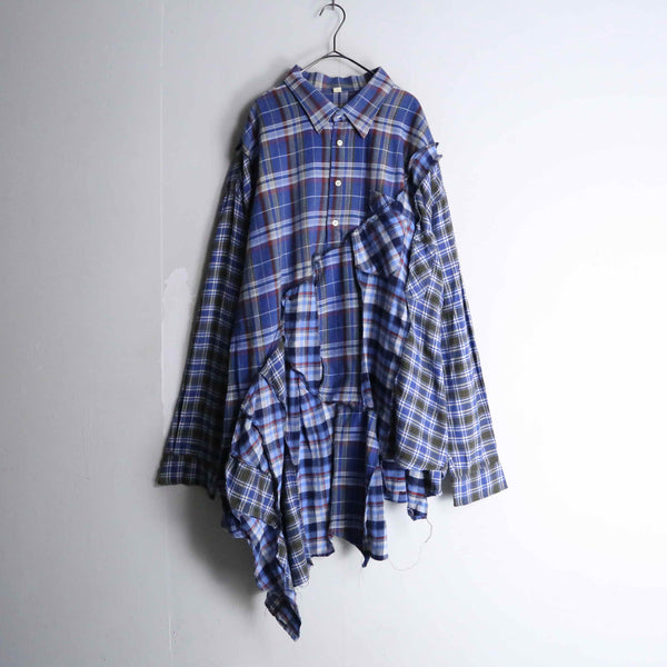 "Re:make" asymmetry patchwork blue check shirt pullover