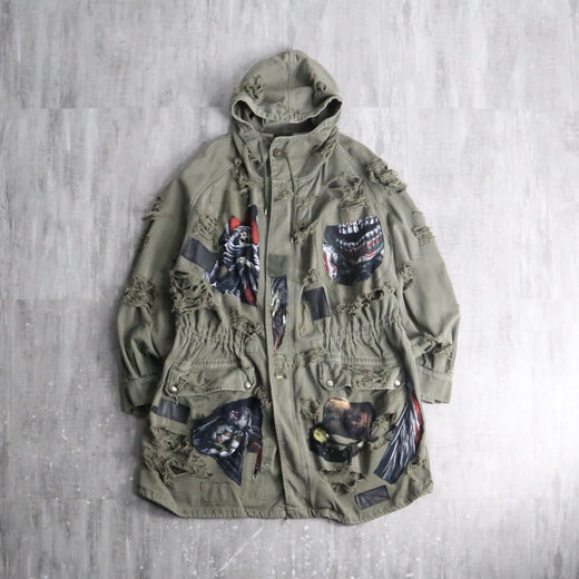 "Re:make" military damage×skull patchwork parka