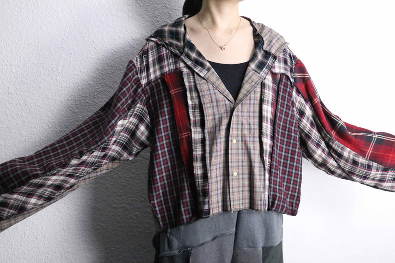 "Re:make" short length autumn check shirt hoodie