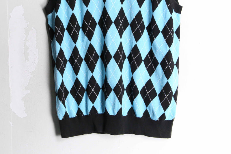 black × sax blue argyle check knit vest