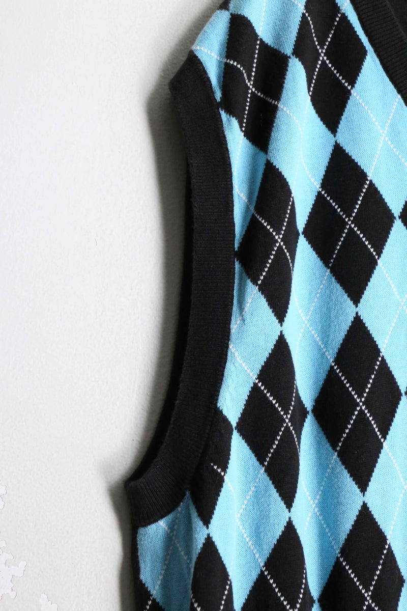 black × sax blue argyle check knit vest