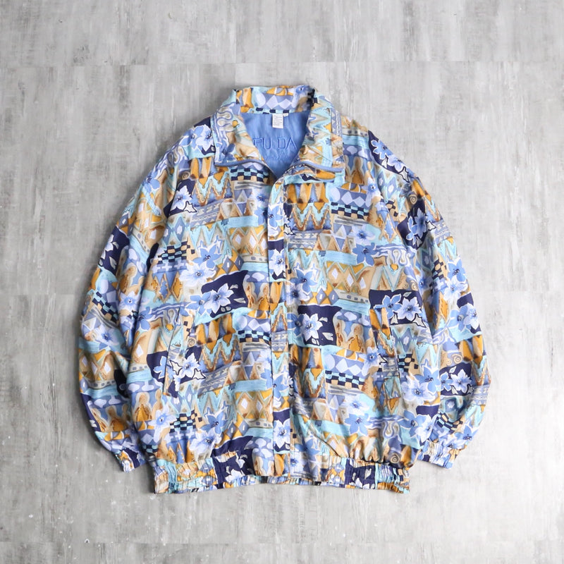 80-90's abstract geometric pattern silk zip jacket