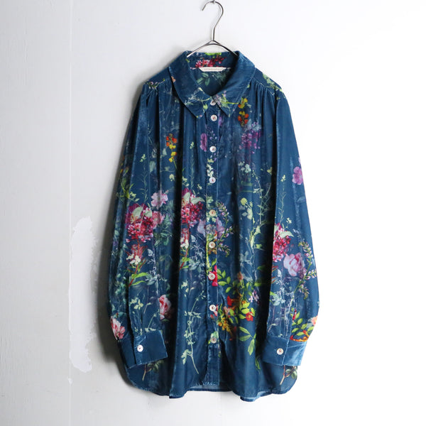 beautiful flower design turquoise blue velours drape shirt