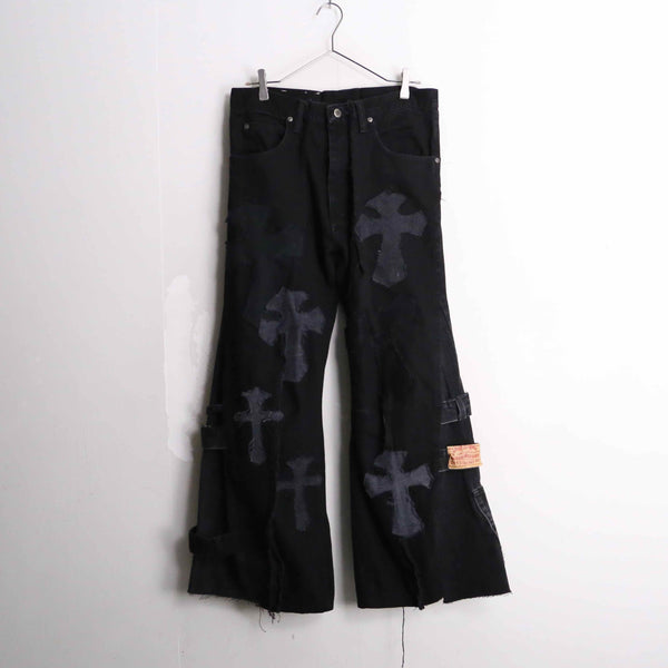 remake "再構築" black rosario patch design flare denim pants