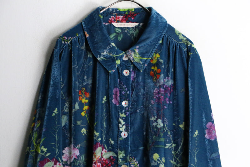 beautiful flower design turquoise blue velours drape shirt