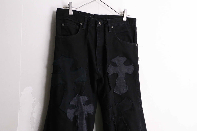 remake "再構築" black rosario patch design flare denim pants