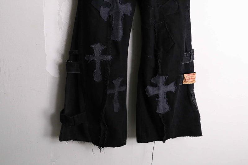 remake "再構築" black rosario patch design flare denim pants