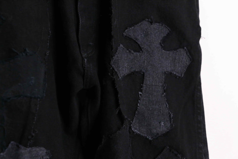 remake "再構築" black rosario patch design flare denim pants