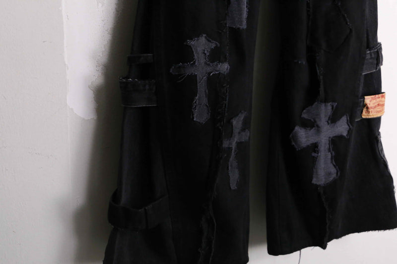 remake "再構築" black rosario patch design flare denim pants