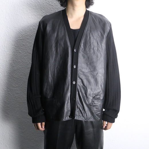 black knit × black leather switch cardigan