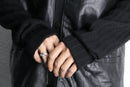 black knit × black leather switch cardigan