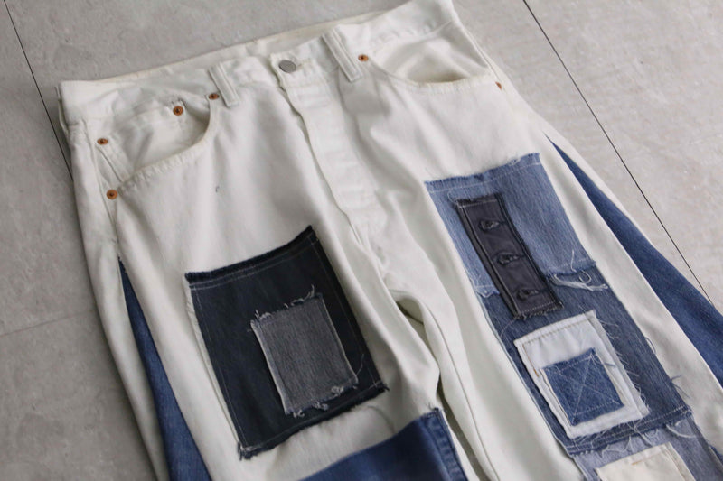 remake "再構築" denim design patch white flare denim pants