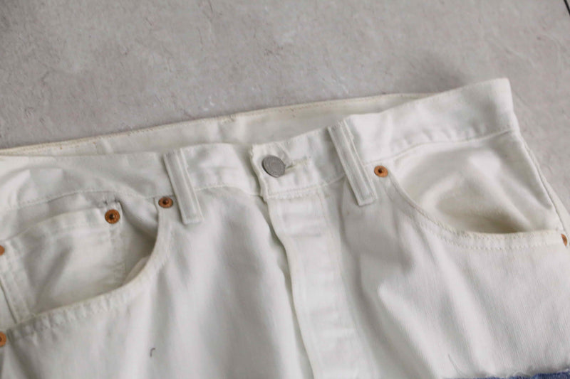 remake "再構築" denim design patch white flare denim pants