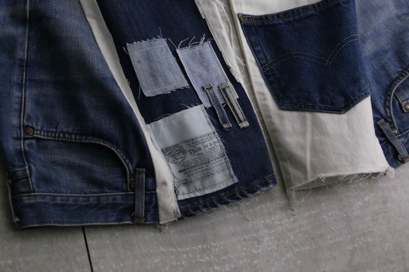 remake "再構築" denim design patch white flare denim pants