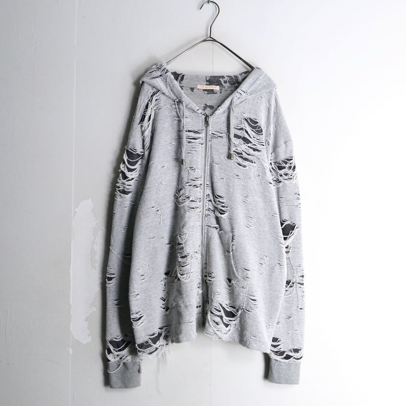 gray color damage processing zip hoodie