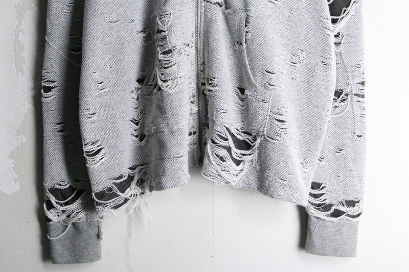 gray color damage processing zip hoodie