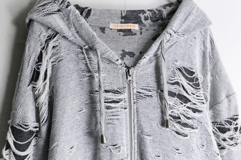 gray color damage processing zip hoodie