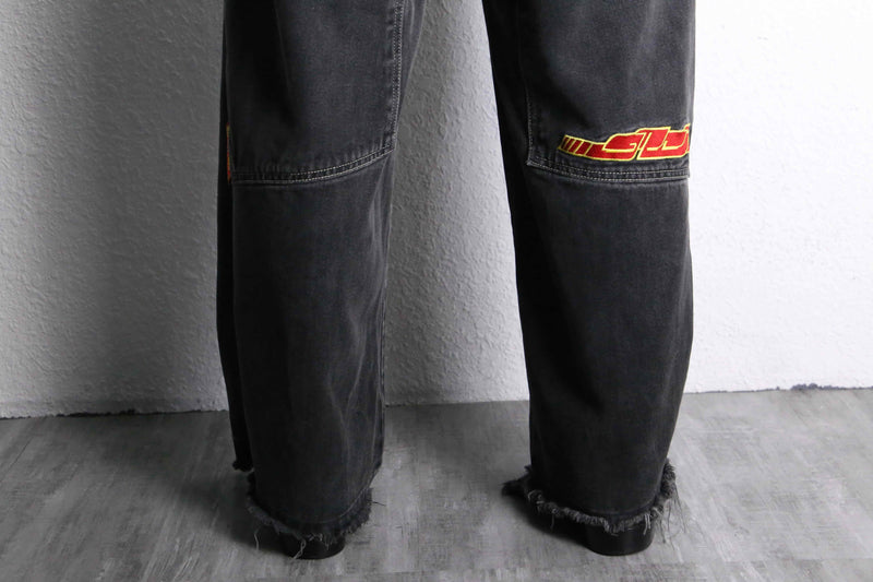 black embroidery design wide denim pants
