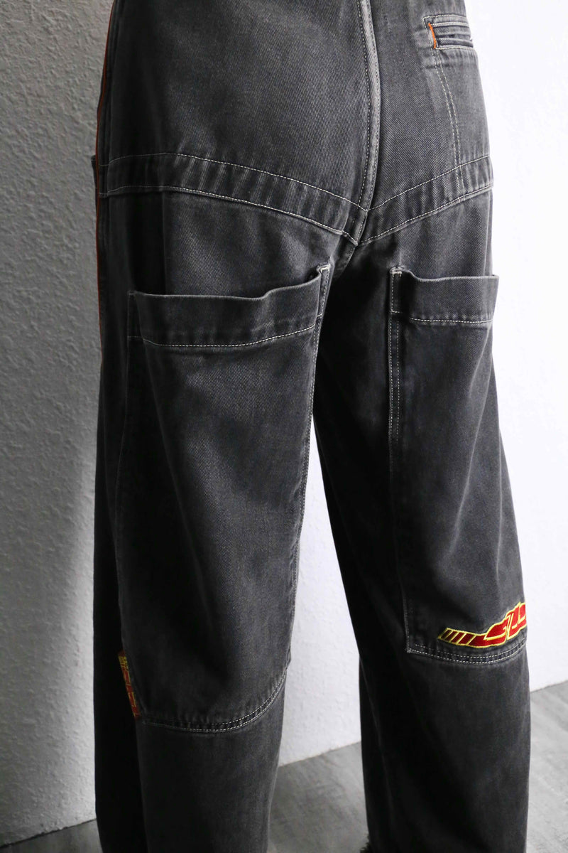 black embroidery design wide denim pants