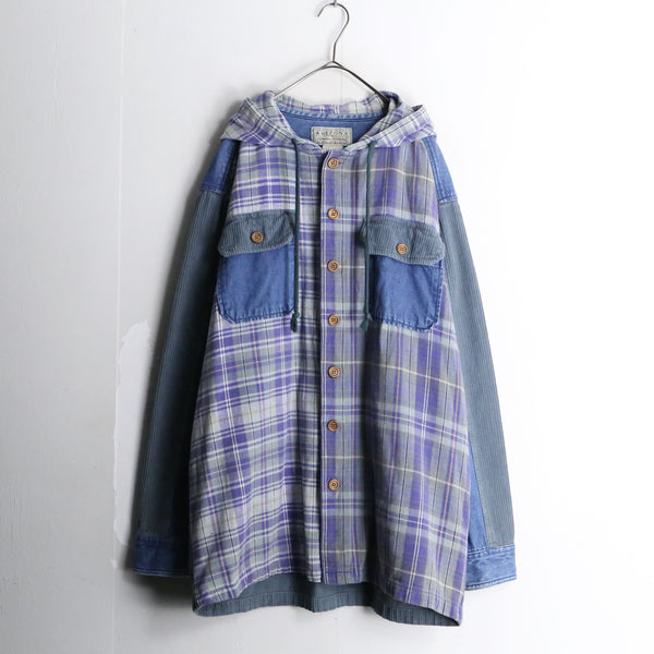 multi colored check button hoodie jacket