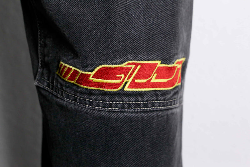 black embroidery design wide denim pants