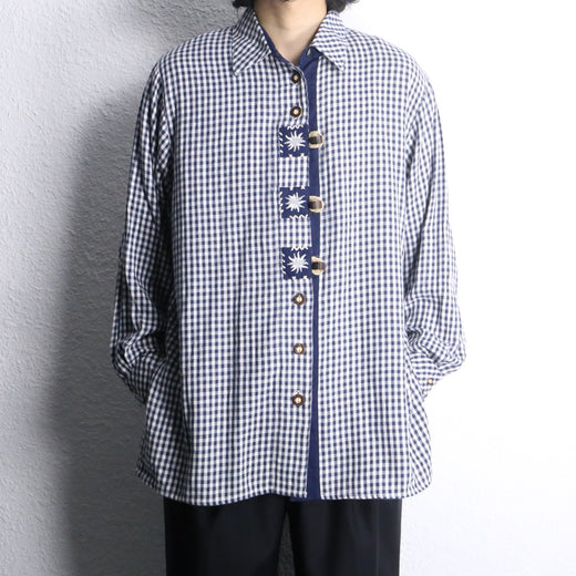 ethnic embroidered navy gingham check design shirt